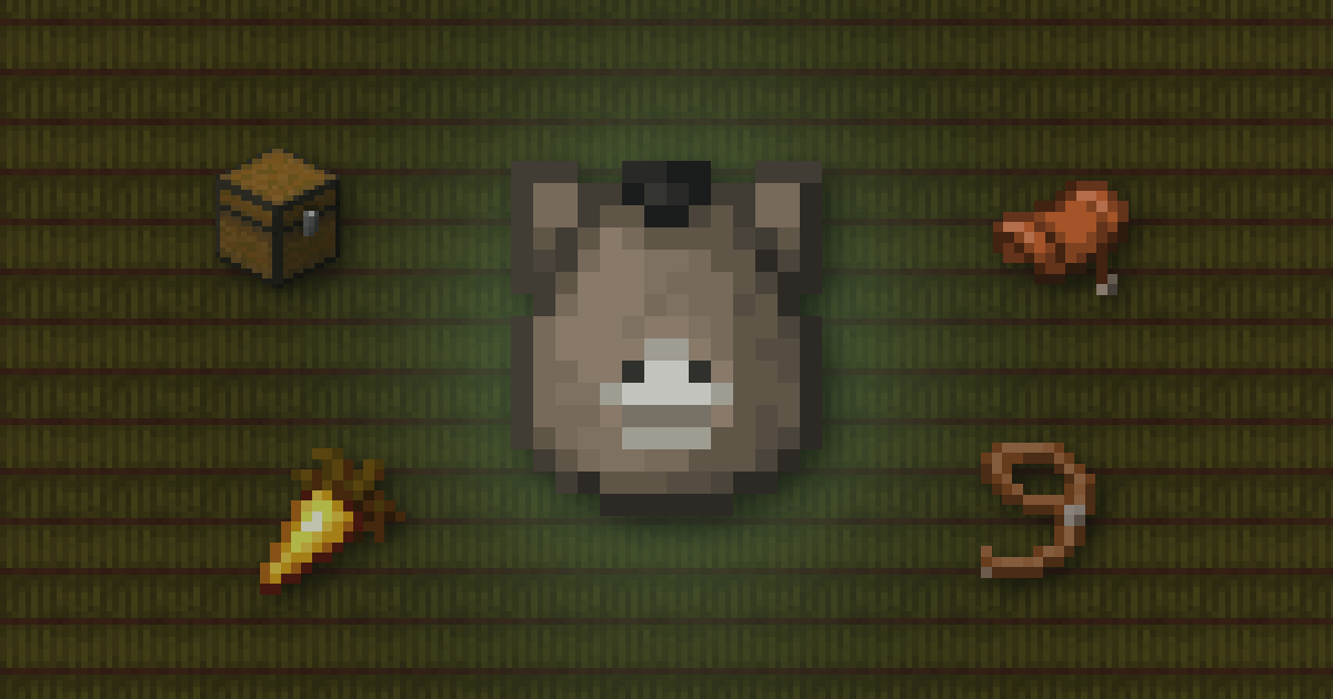 A donkey spawn egg surrounded by a chest, a saddle, a golden carrot and a lead on hay bales
