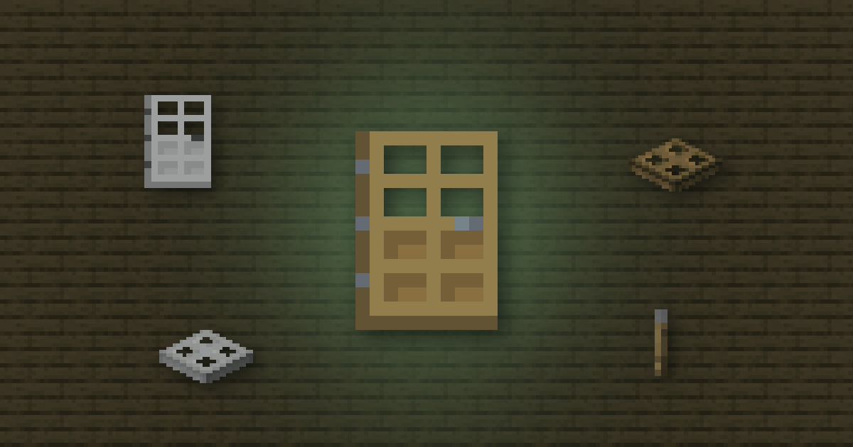 An oak door surrounded by an iron door, an oak trapdoor, an iron trapdoor and a lever on oak planks