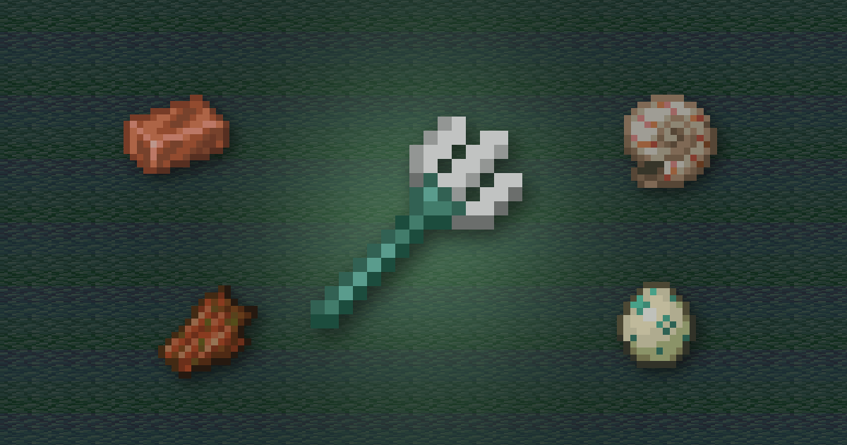 A trident surrounded by a copper ingot, a nautilus shell, rotten flesh and turtle eggs on prismarine