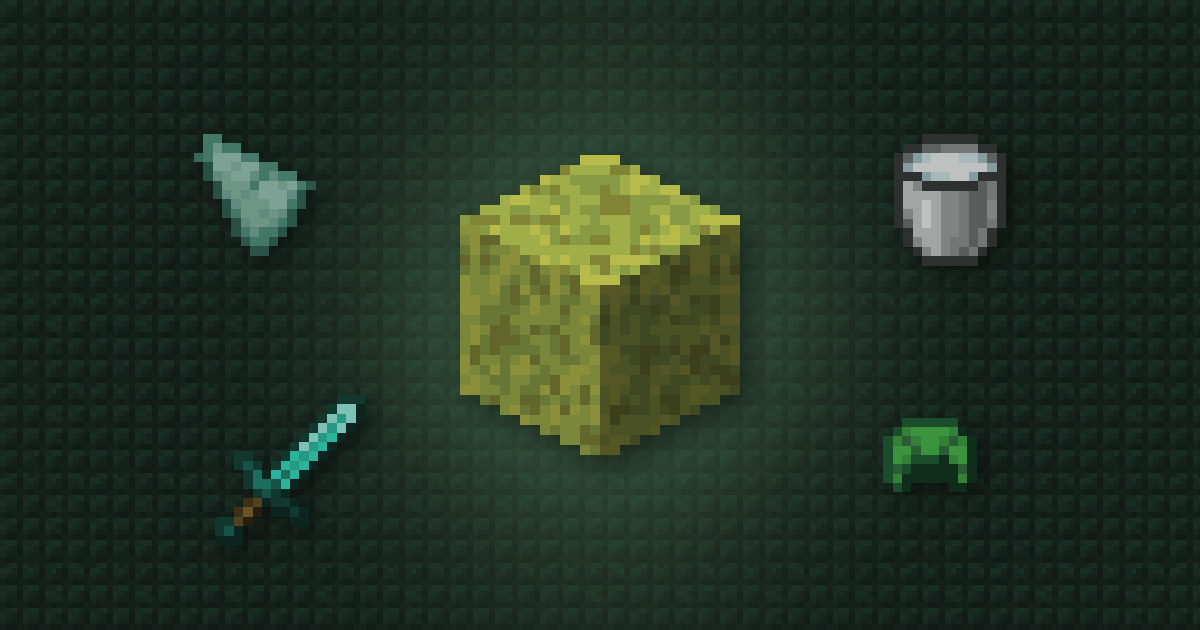 A wet sponge surrounded by a prismarine shard, a milk bucket, a diamond sword and a turtle shell on dark prismarine