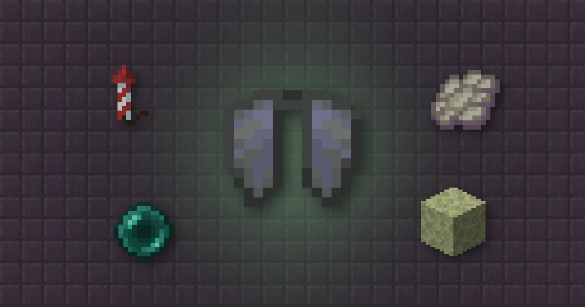 An elytra surrounded by a firework rocket, a phantom membrane, an ender pearl and end stone