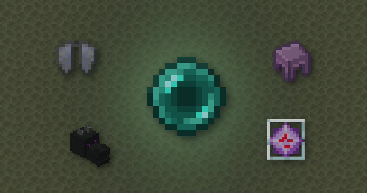 An ender pearl surrounded by an elytra, a shulker shell, a dragon head and an end crystal on end stone