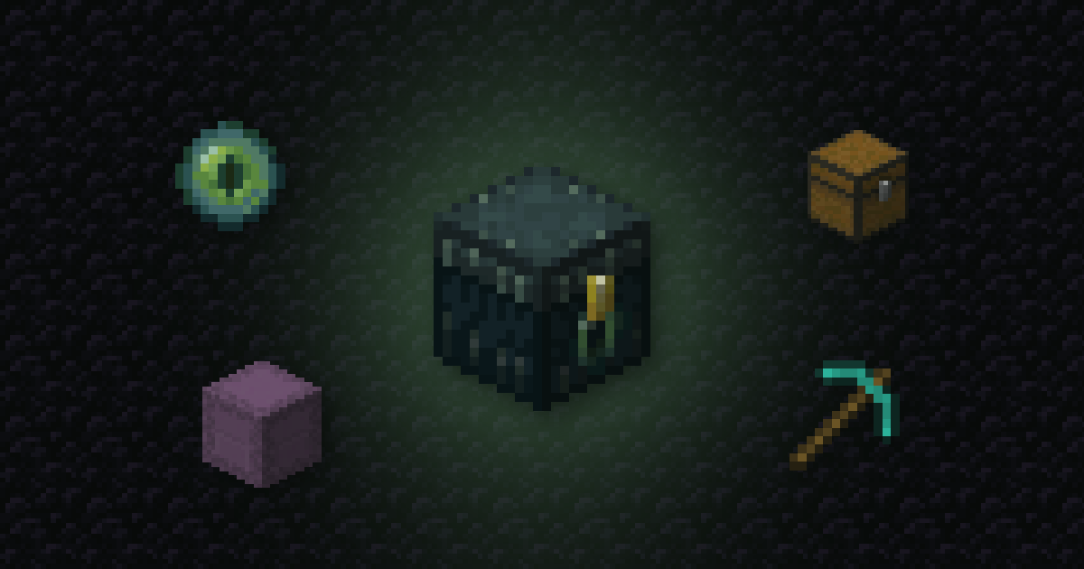 An ender chest surrounded by an eye of ender, obsidian, a shulker box and a diamond pickaxe on obsidian