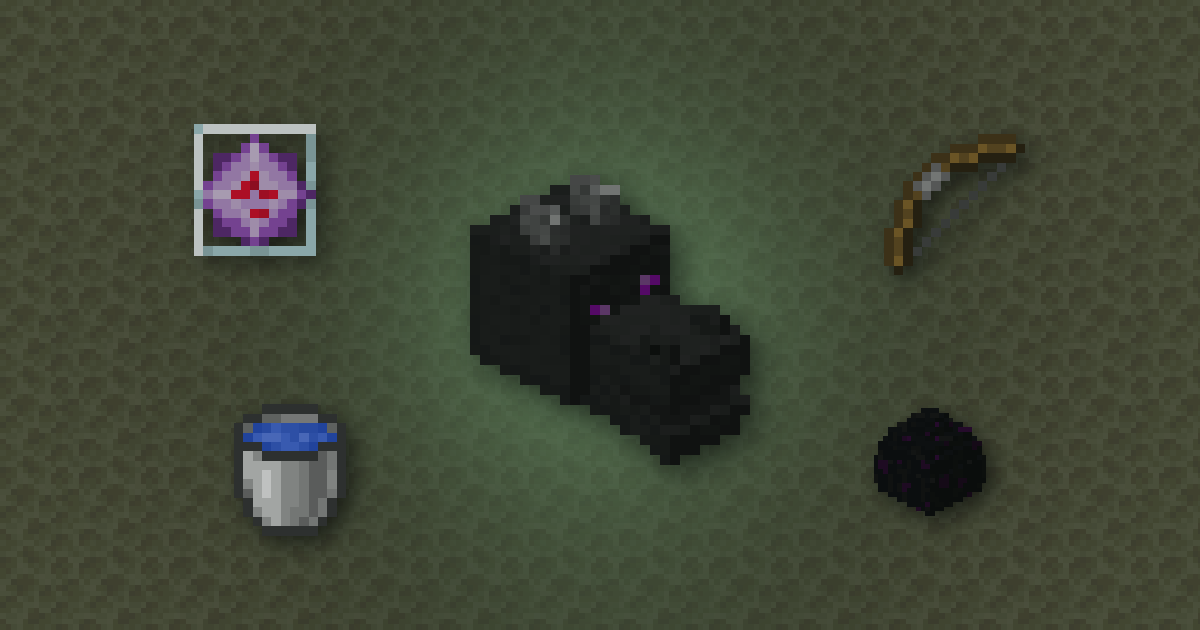 A dragon head surrounded by an End crystal, a bow, a water bucket and the dragon egg on end stone