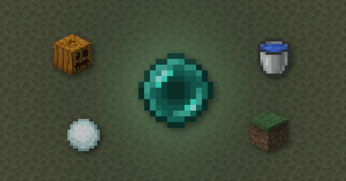 An ender pearl surrounded by a carved pumpkin, a water bucket, a snowball and a grass block on end stone