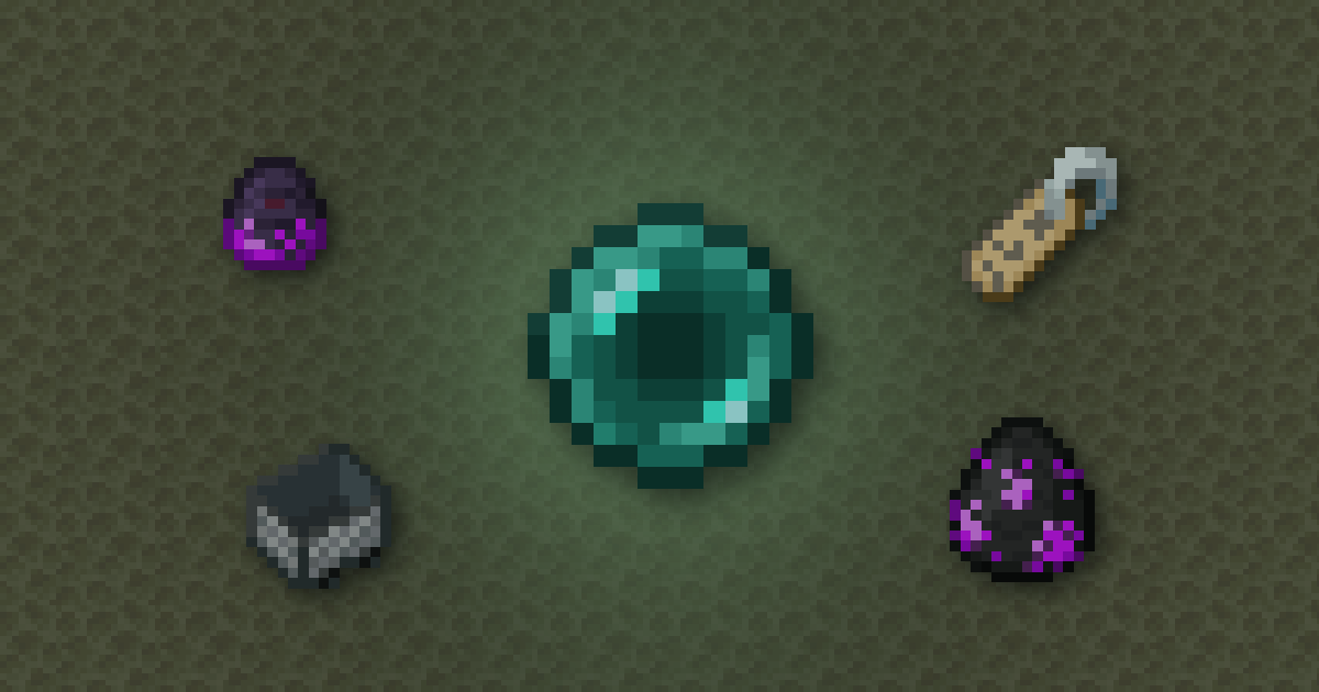 An ender pearl surrounded by an endermite spawn egg, a name tag, a minecart and an enderman spawn egg on end stone