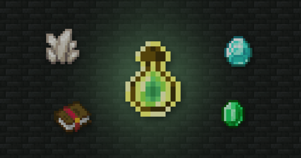 A bottle o' enchanting surrounded by quartz, a diamond, an enchanted book and an emerald on deepslate tiles