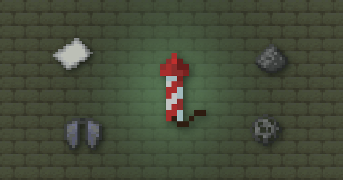 A firework rocket surrounded by paper, gunpowder, elytra and a firework star on end stone bricks