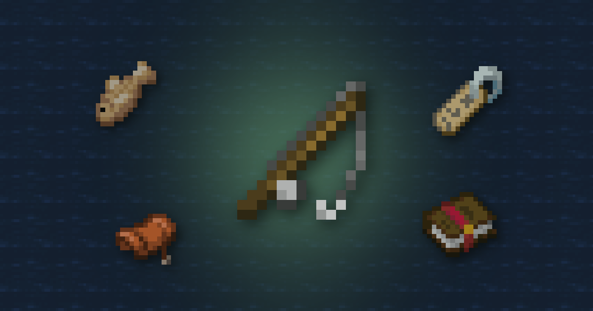 A fishing rod surrounded by a cod, a name tag, a saddle and an enchanted book on water