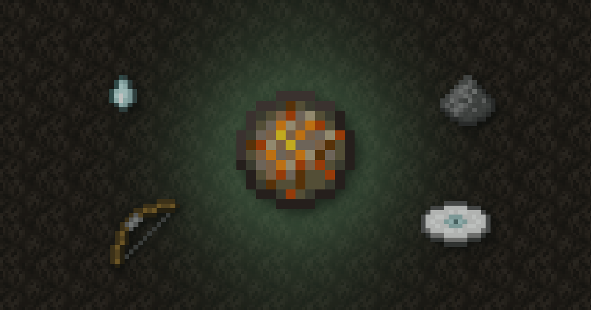 A fire charge surrounded by a ghast tear, gunpowder, a bow and the Tears music disc on soul sand