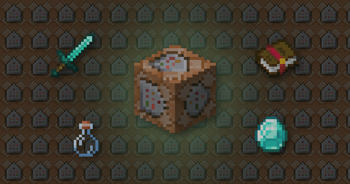 A command block surrounded by a diamond sword, an enchanted book, a potion and a diamond