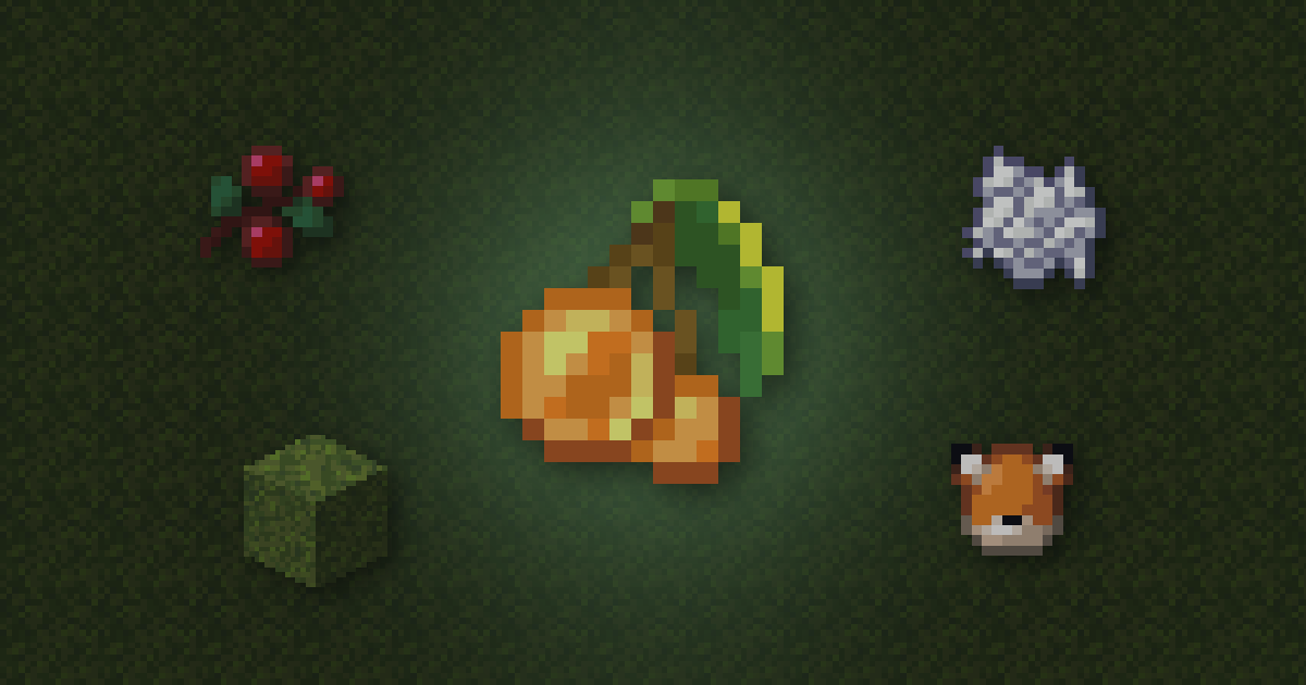 Glow berries surrounded by sweet berries, bone meal, a moss block and a fox spawn egg on moss