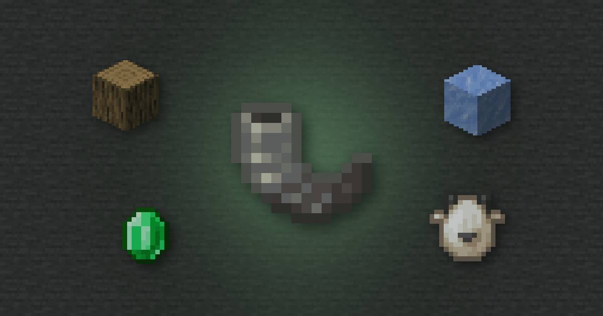 A goat horn surrounded by an oak log, packed ice, an emerald and a goat spawn egg on stone