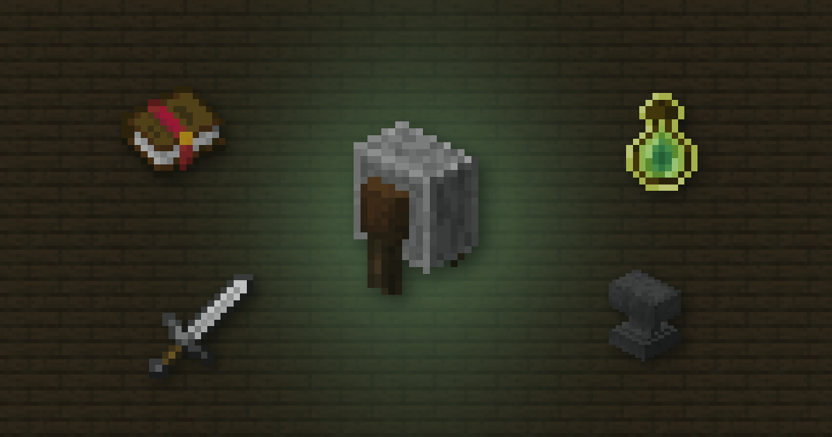 A grindstone surrounded by an enchanted book, a bottle o' enchanting, an iron sword and an anvil on spruce planks
