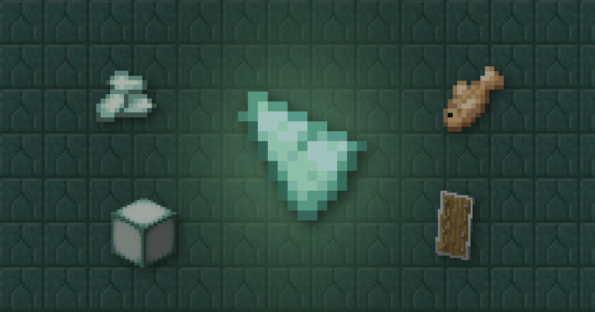 A prismarine shard surrounded by prismarine crystals, a cod, a sea lantern and a shield on prismarine bricks