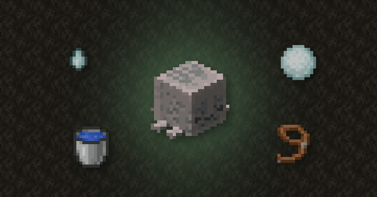 A dried ghast surrounded by a ghast tear, a snowball, a water bucket and a lead on soul sand