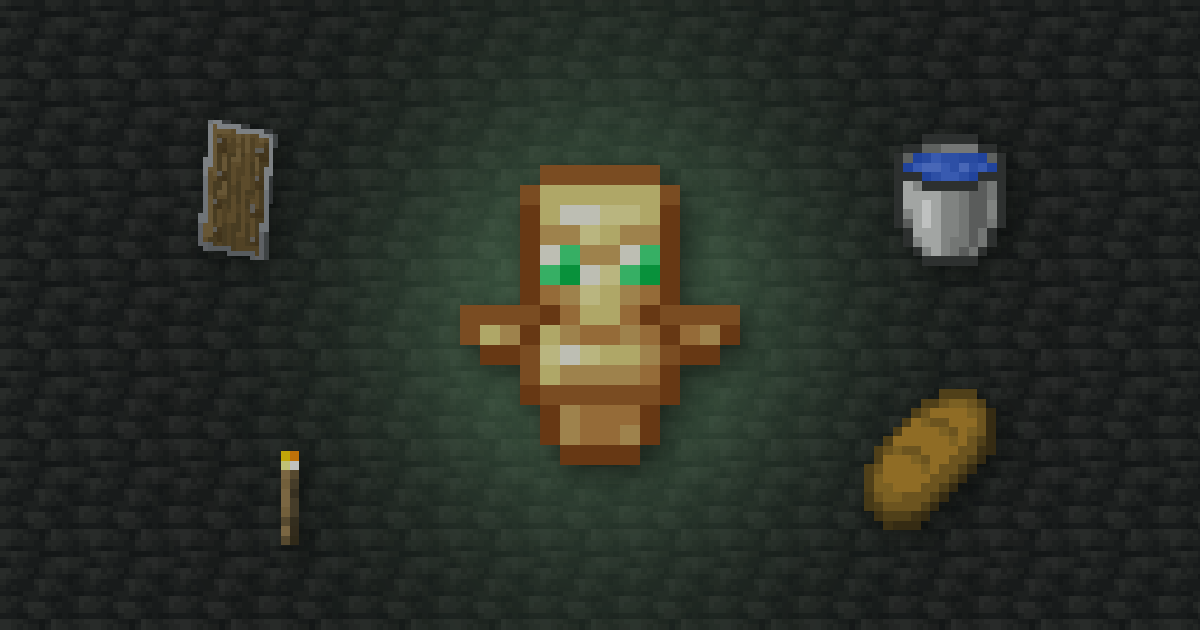 A Totem of Undying surrounded by a shield, a water bucket, a torch and bread on deepslate