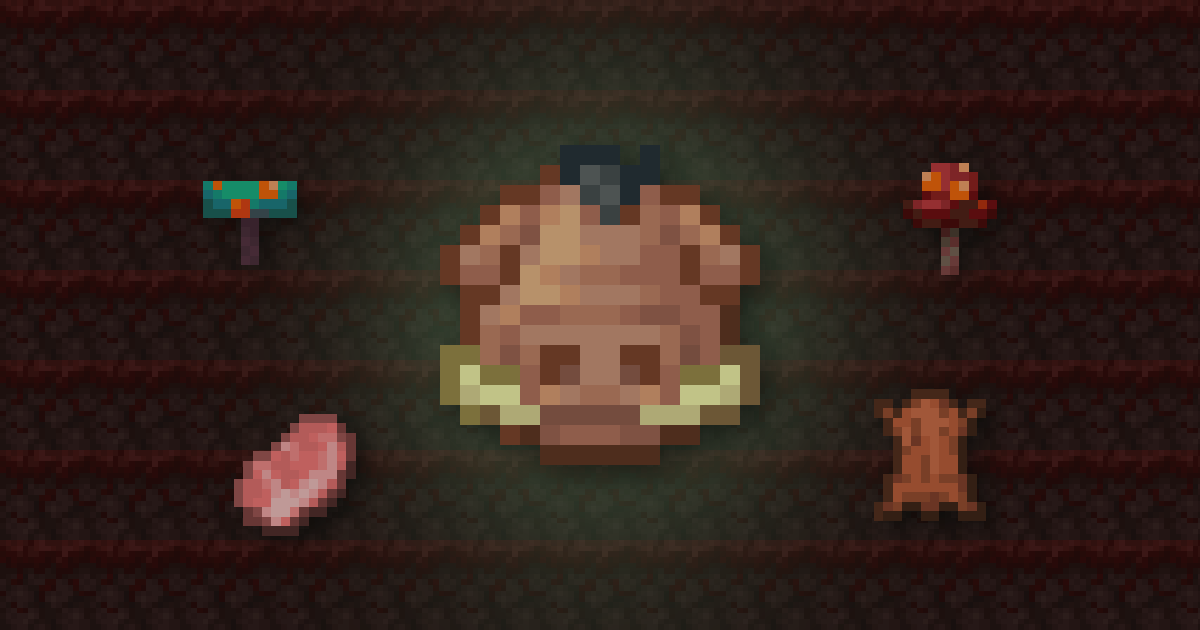 A hoglin spawn egg surrounded by warped fungus, crimson fungus, a porkchop and leather on crimson nylium