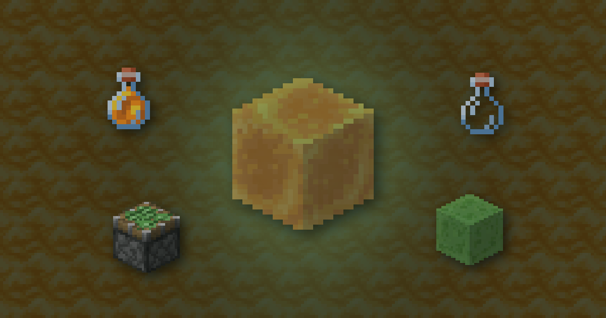 A honey block surrounded by a honey bottle, a glass bottle, a sticky piston and a slime block