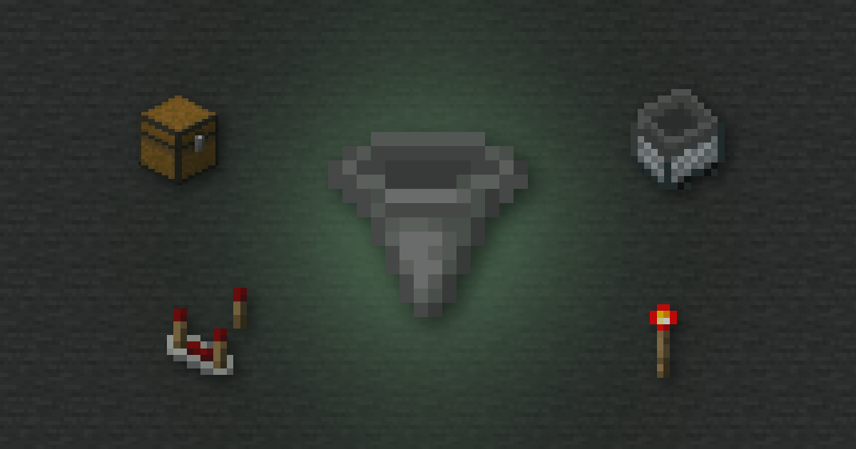 A hopper surrounded by a chest, a hopper minecart, a comparator and a redstone torch on a stone background