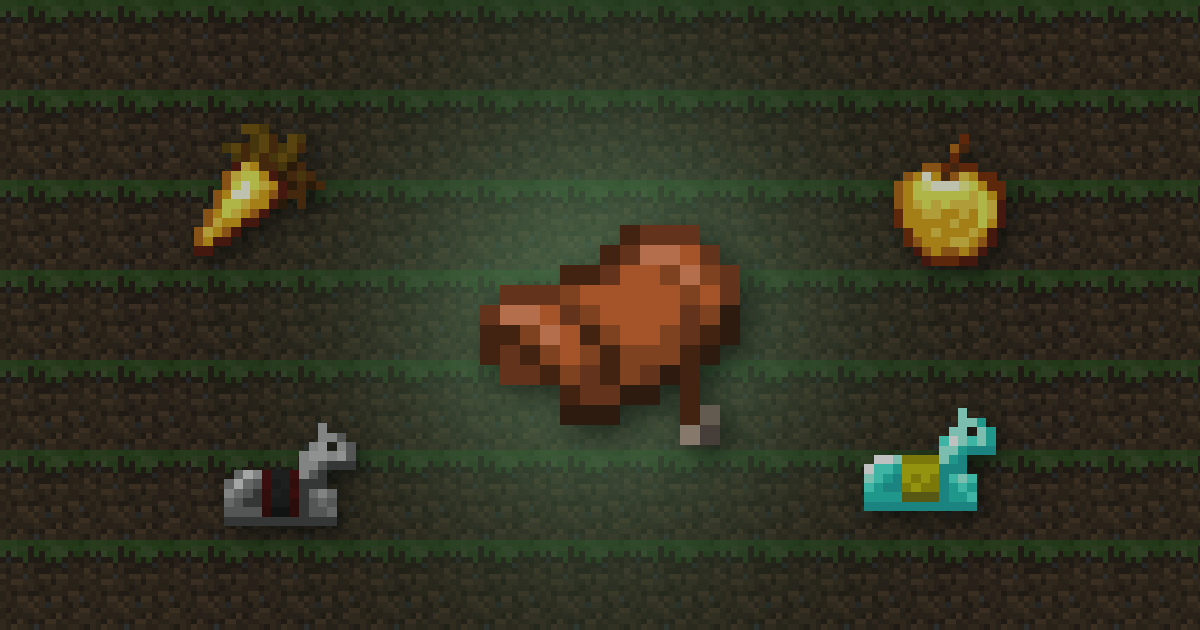 A saddle surrounded by a golden carrot, a golden apple and iron and diamond horse armour on grass
