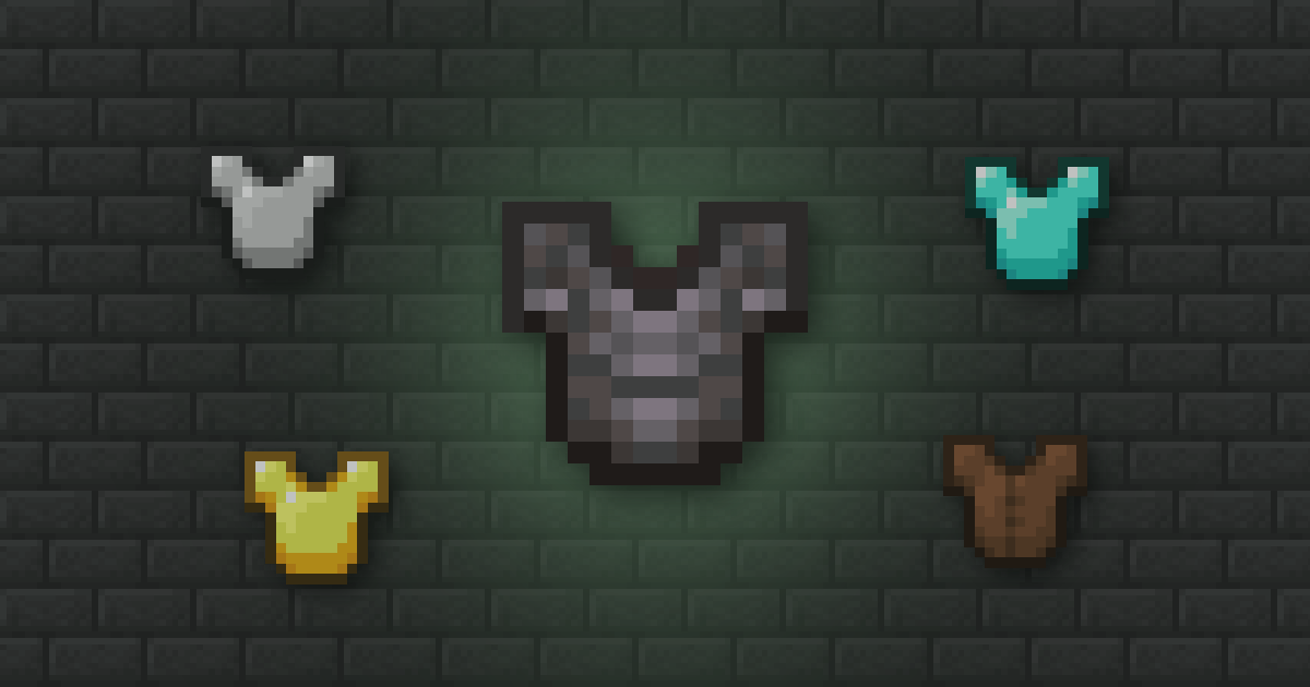 A netherite chestplate surrounded by iron, diamond, golden and leather chestplates on stone bricks