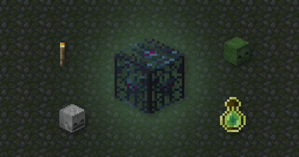 A monster spawner surrounded by a torch, a zombie head, a skeleton skull and a bottle o' enchanting on mossy cobblestone