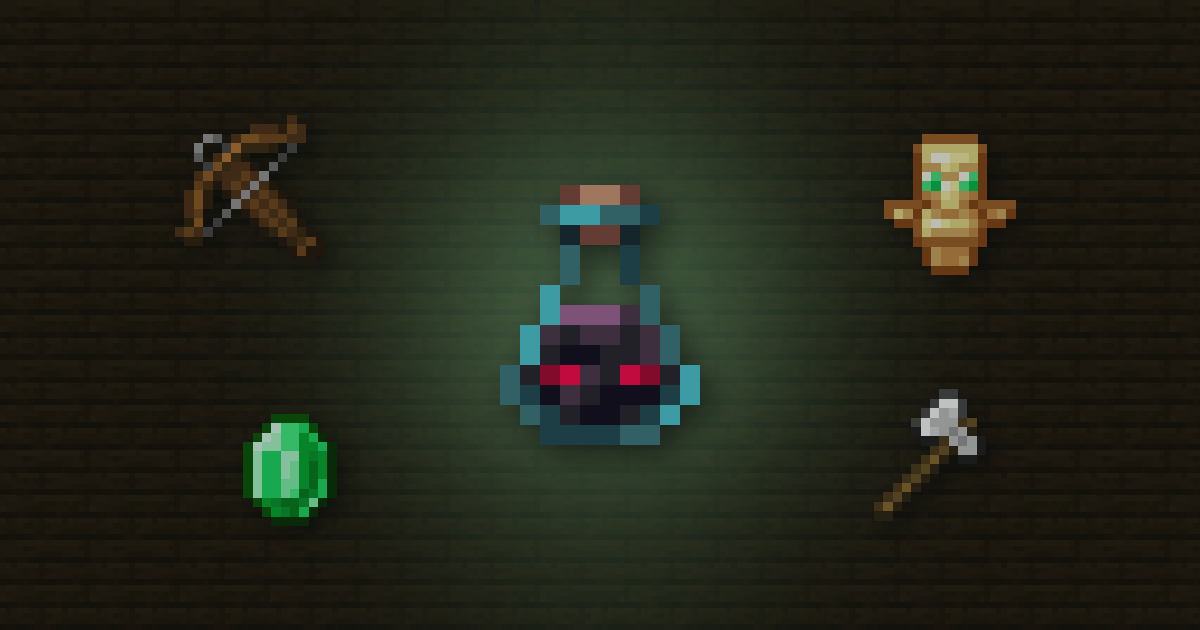 An ominous bottle surrounded by a crossbow, a Totem of Undying, an emerald and an iron axe