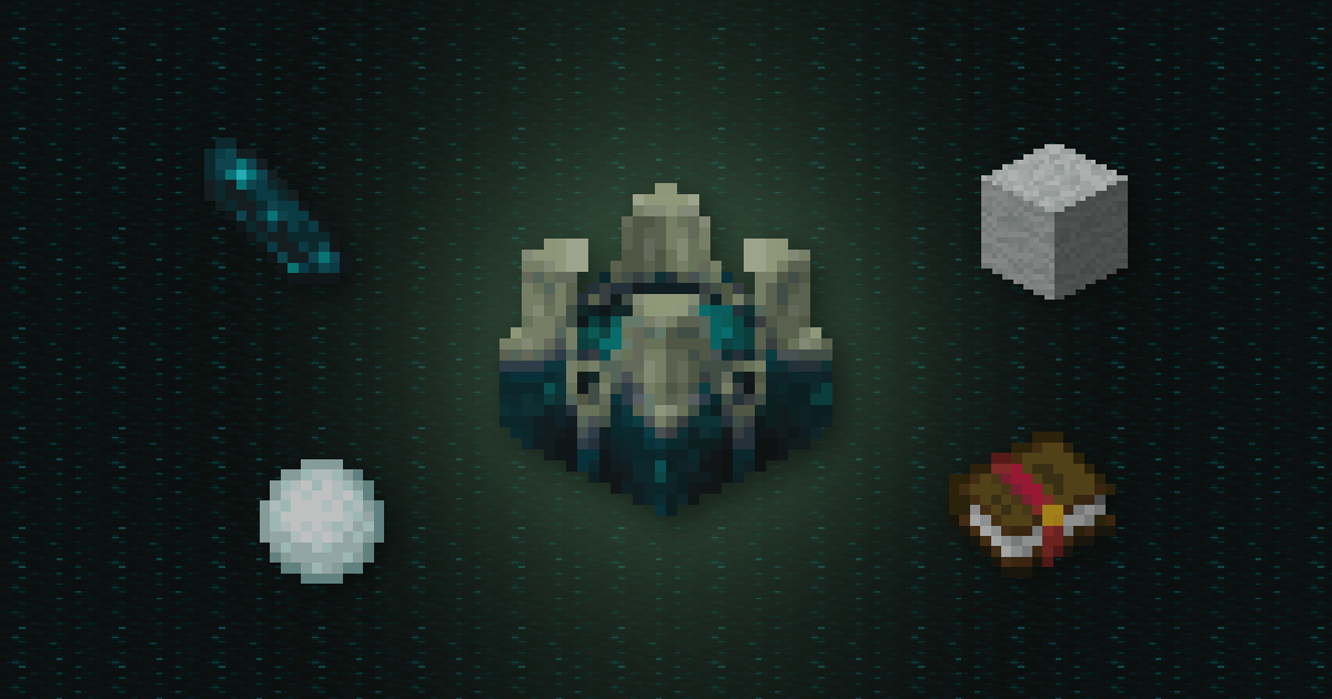 A sculk shrieker surrounded by an echo shard, white wool, a snowball and an enchanted book on sculk