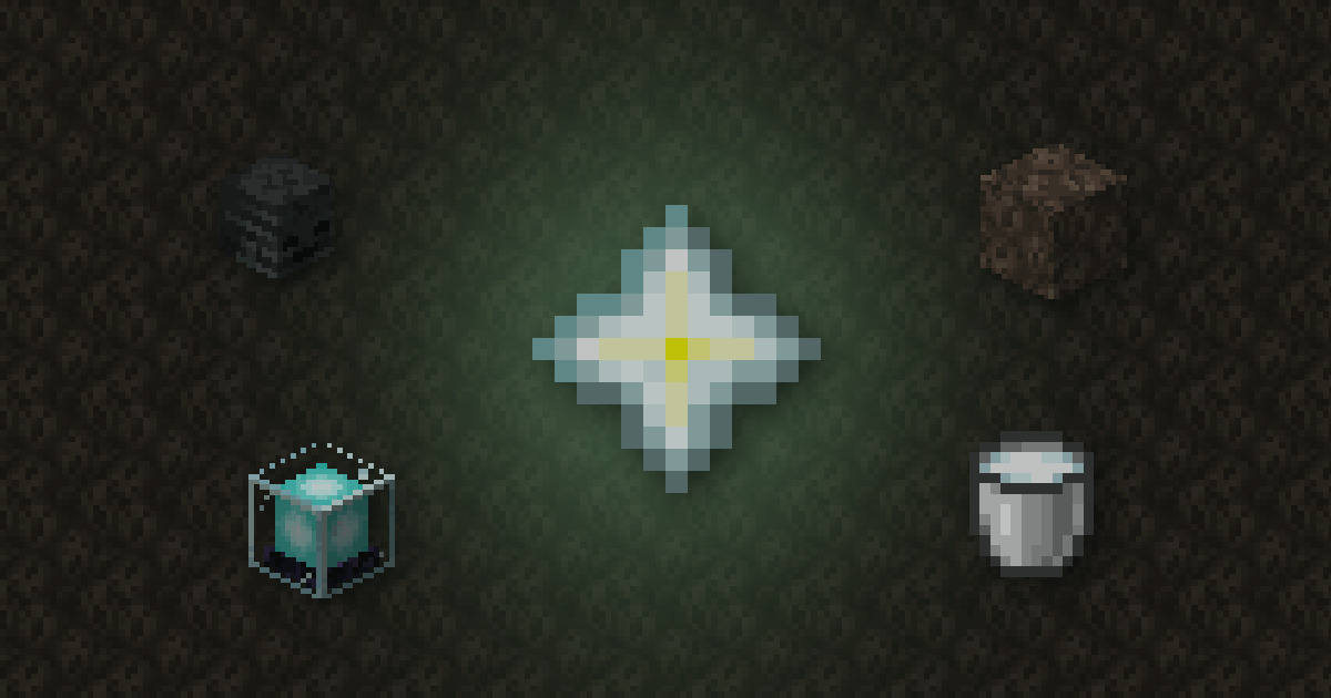 A nether star surrounded by a wither skeleton skull, soul sand, a beacon and a milk bucket on soul sand