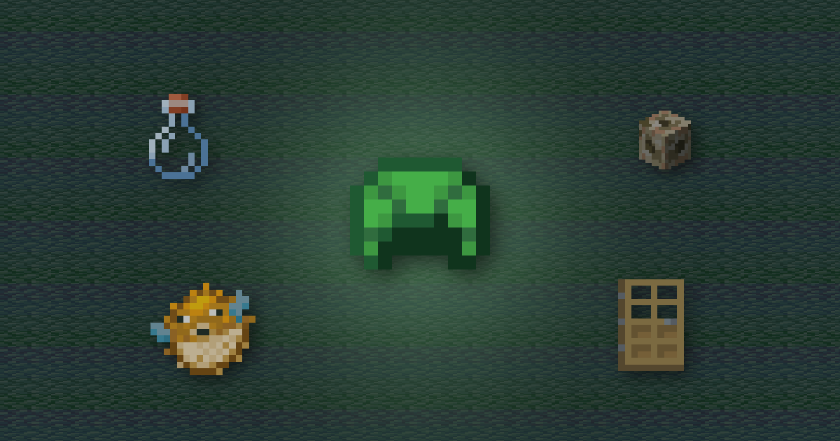 A turtle shell surrounded by a potion, a conduit, a pufferfish and an oak door on prismarine