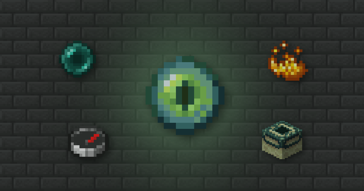 An eye of ender surrounded by an ender pearl, blaze powder, a compass and an End portal frame