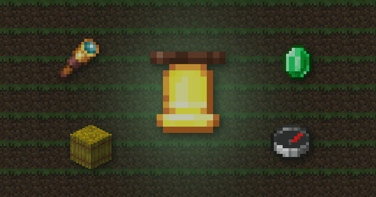 A bell surrounded by a spyglass, an emerald, a hay bale and a compass on grass