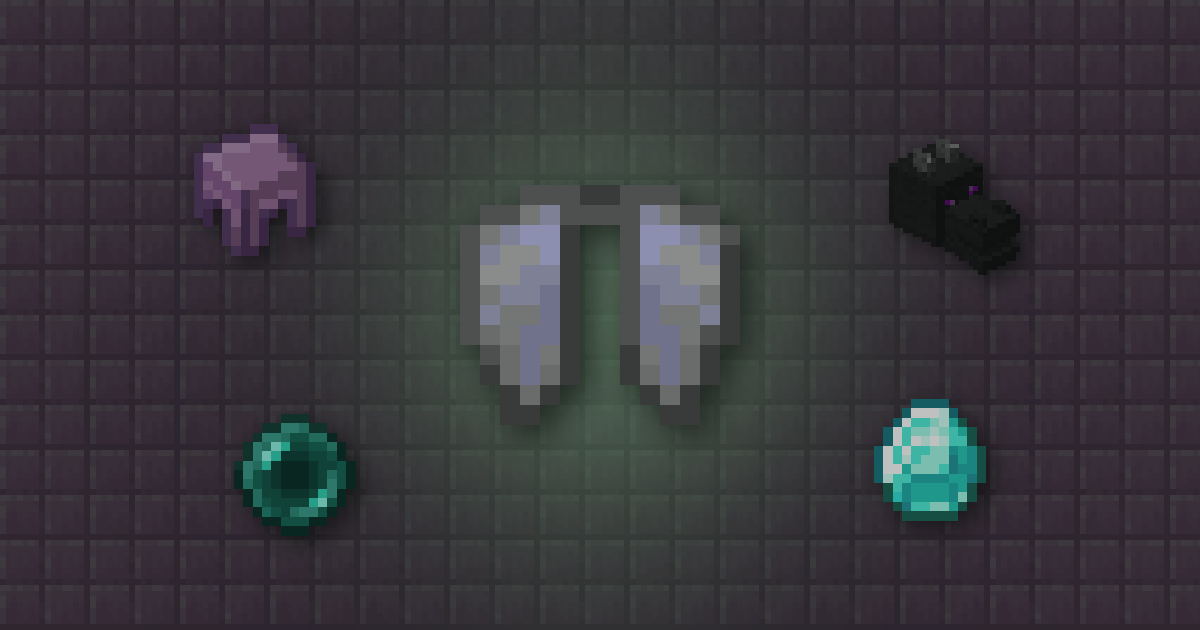 Elytra surrounded by a shulker shell, a dragon head, an ender pearl and a diamond on purpur blocks