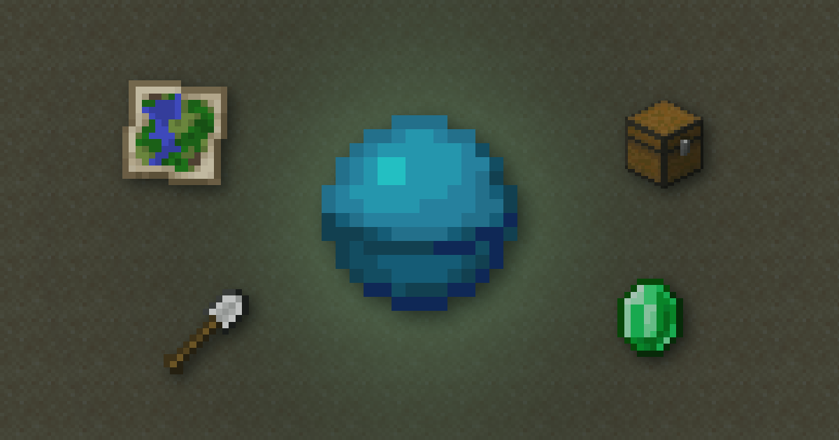 A heart of the sea surrounded by a map, a chest, an iron shovel and an emerald on sand
