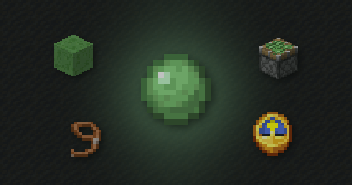 A slimeball surrounded by a slime block, a sticky piston, a lead and a clock on mud
