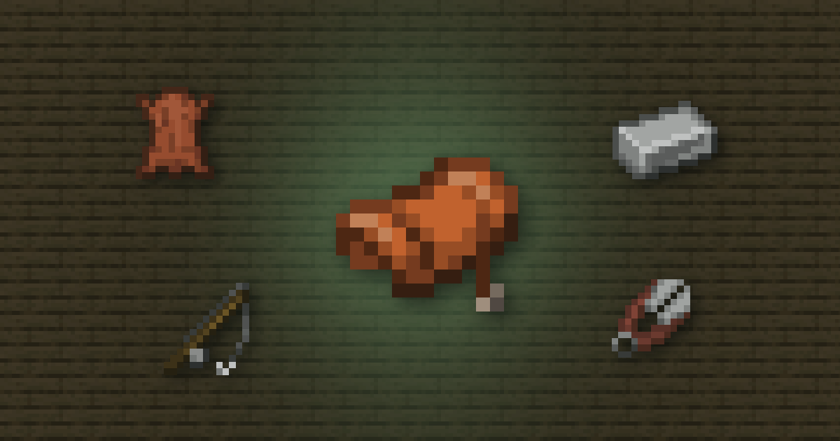 A saddle surrounded by leather, an iron ingot, a fishing rod and shears on oak planks