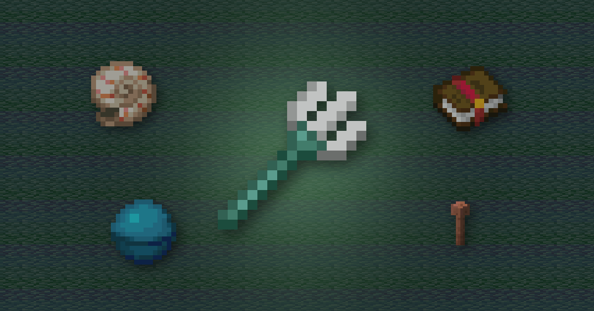 A trident surrounded by a nautilus shell, an enchanted book, a heart of the sea and a lightning rod on prismarine