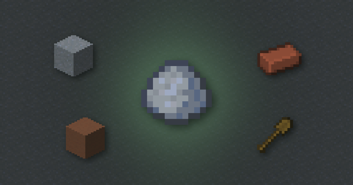 A clay ball surrounded by a clay block, a brick, terracotta and a wooden shovel on clay