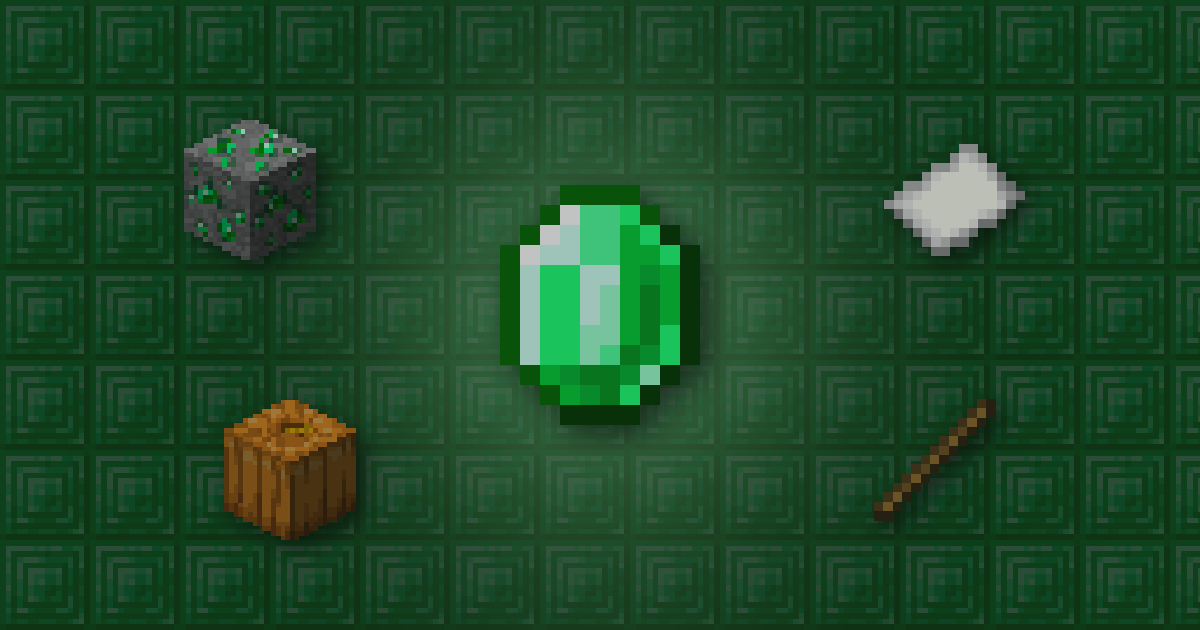 An emerald surrounded by emerald ore, paper, a pumpkin and a stick on emerald blocks