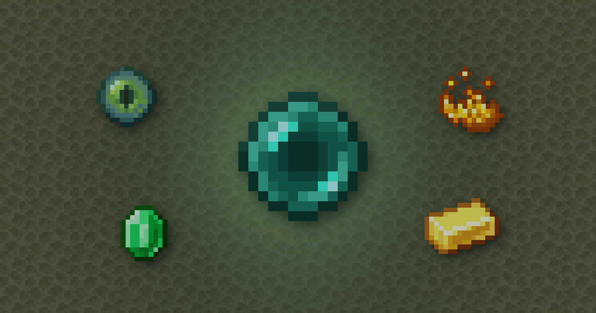 An ender pearl surrounded by an eye of ender, blaze powder, an emerald and a gold ingot on end stone