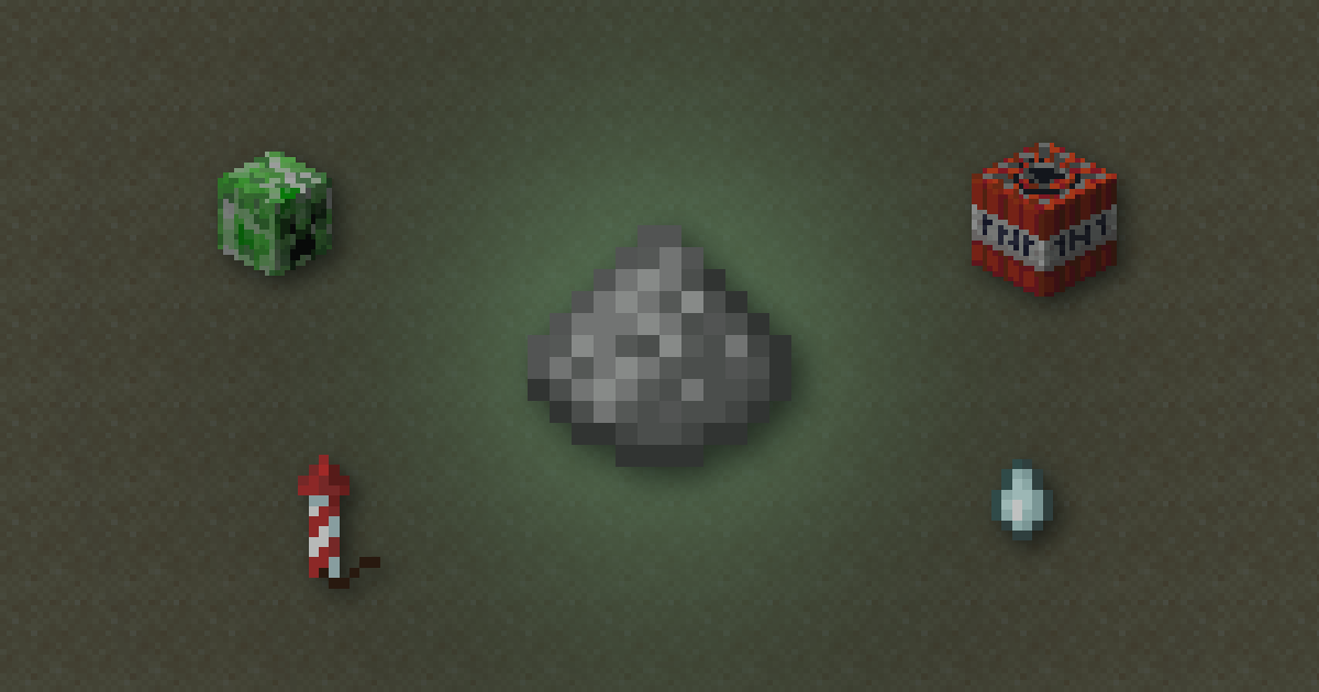 Gunpowder surrounded by a creeper head, TNT, a firework rocket and a ghast tear on sand