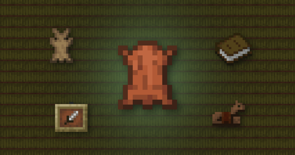 Leather surrounded by rabbit hide, a book, an item frame and leather horse armour on hay bales