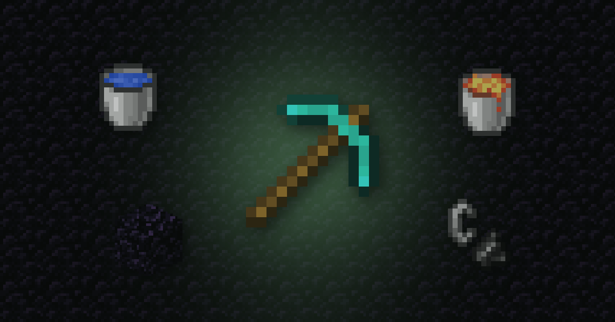 A diamond pickaxe surrounded by a water bucket, a lava bucket, obsidian and flint and steel on obsidian