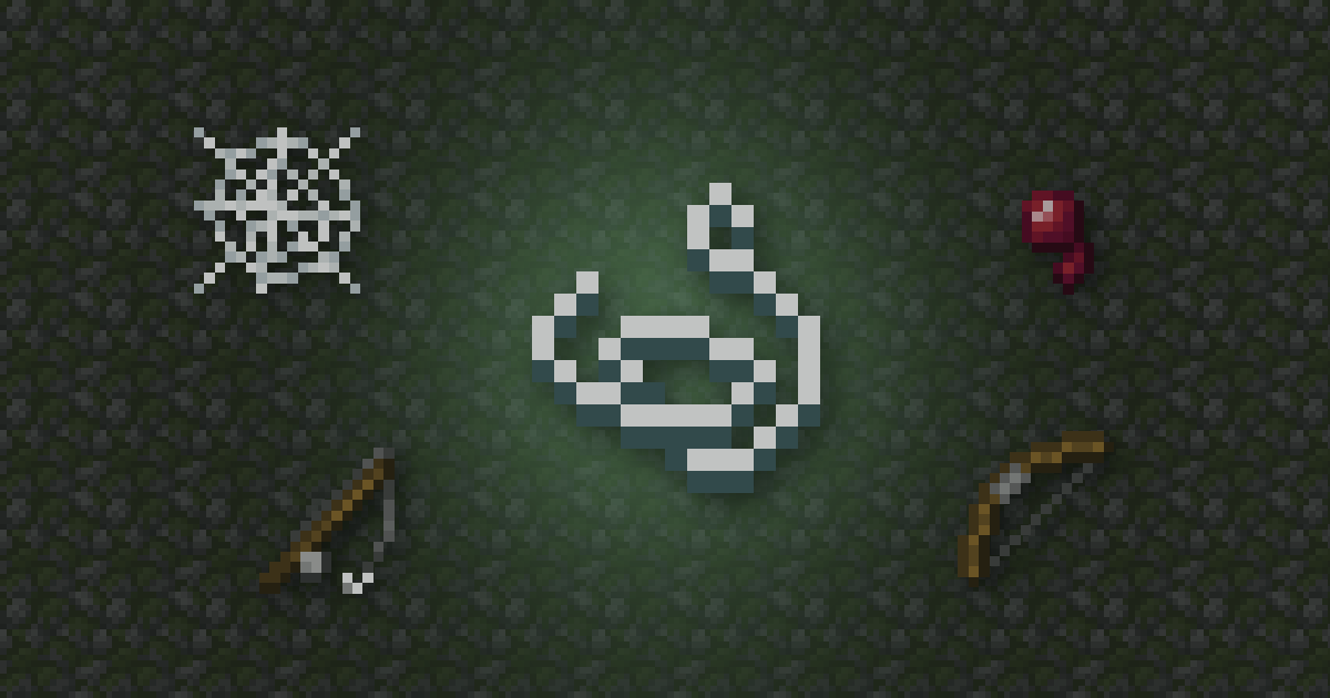 String surrounded by a cobweb, a spider eye, a fishing rod and a bow on mossy cobblestone