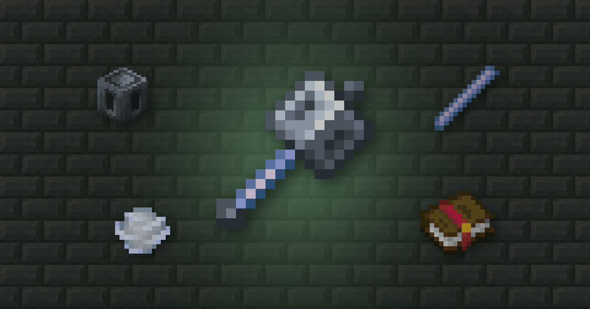 A mace surrounded by a heavy core, a breeze rod, a wind charge and an enchanted book on tuff bricks