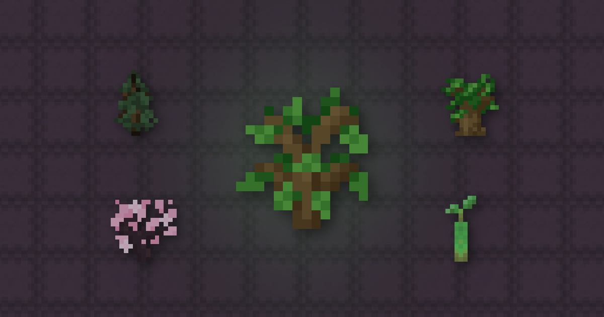 An oak sapling with spruce, dark oak and cherry saplings and a mangrove propagule on oak logs