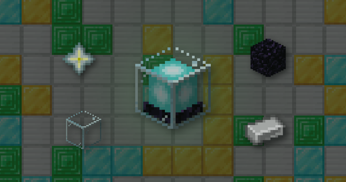 A beacon in front of a wall of iron, gold, diamond and emerald blocks, with a nether star, obsidian, glass and an iron ingot
