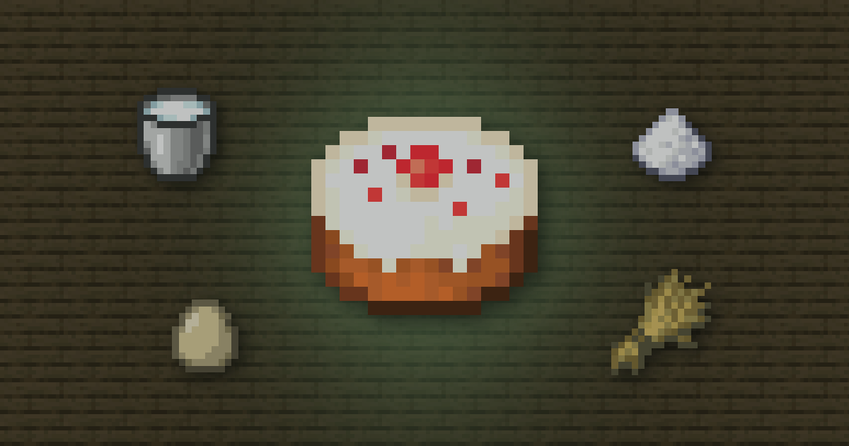 A cake surrounded by a milk bucket, sugar, an egg and wheat on oak planks
