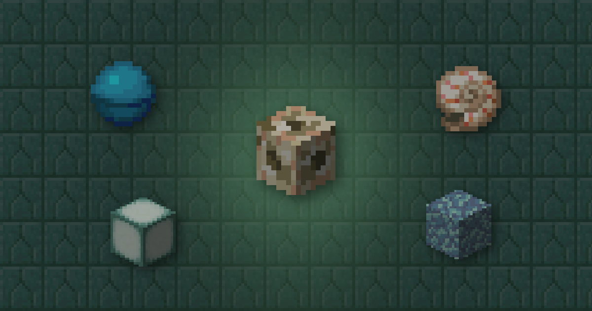 A conduit surrounded by a heart of the sea, a nautilus shell, a sea lantern and prismarine on prismarine bricks